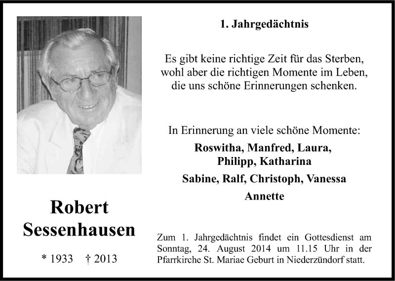  Traueranzeige für Robert Sessenhausen vom 23.08.2014 aus Kölner Stadt-Anzeiger / Kölnische Rundschau / Express