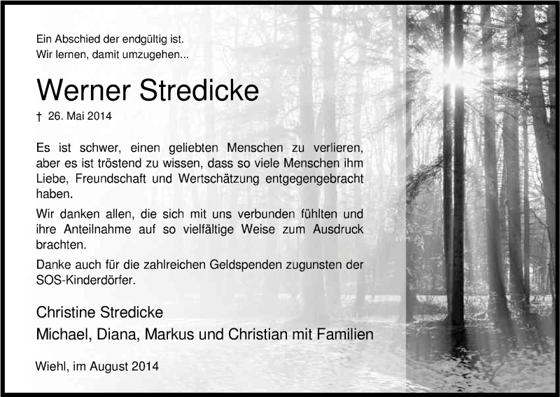  Traueranzeige für Werner Stredicke vom 12.08.2014 aus Kölner Stadt-Anzeiger / Kölnische Rundschau / Express