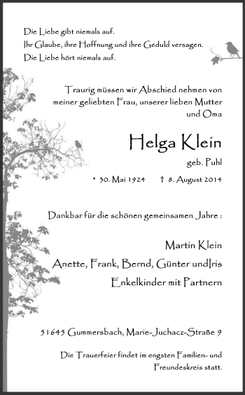 Anzeige von Helga Klein von Kölner Stadt-Anzeiger / Kölnische Rundschau / Express