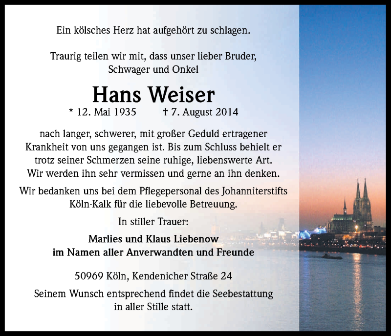  Traueranzeige für Hans Weiser vom 16.08.2014 aus Kölner Stadt-Anzeiger / Kölnische Rundschau / Express