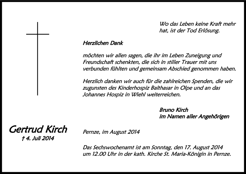  Traueranzeige für Gertrud Kirch vom 11.08.2014 aus Kölner Stadt-Anzeiger / Kölnische Rundschau / Express