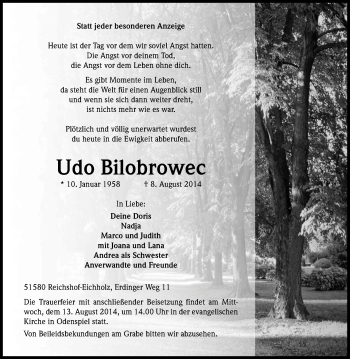 Anzeige von Udo Bilobrowec von Kölner Stadt-Anzeiger / Kölnische Rundschau / Express