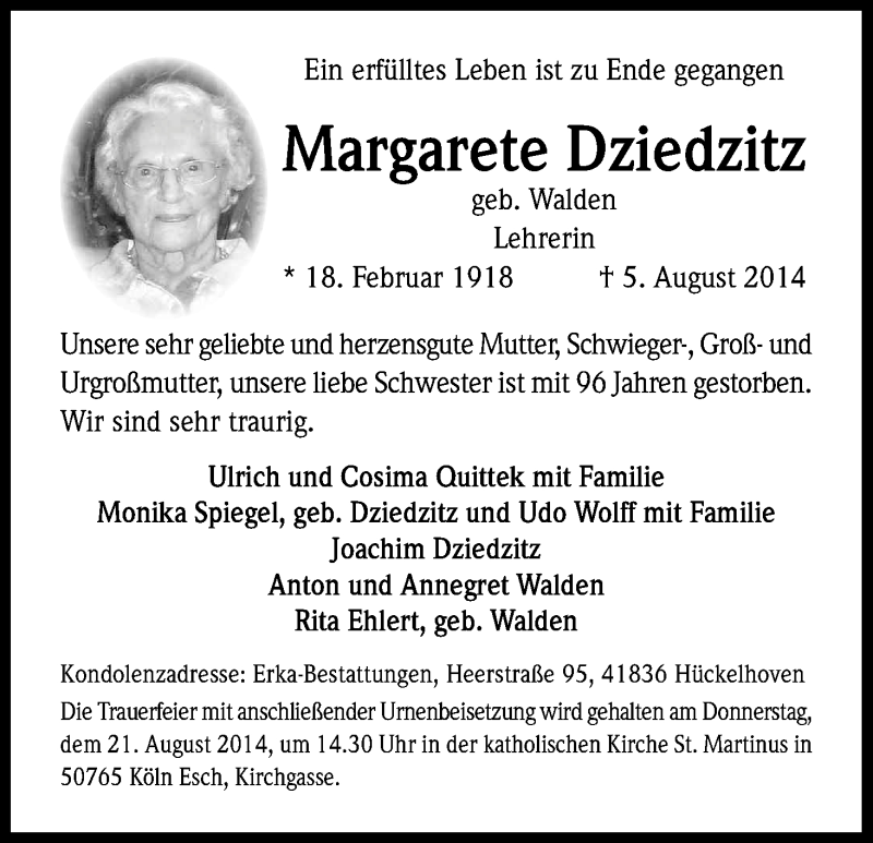  Traueranzeige für Margarete Dziedzitz vom 16.08.2014 aus Kölner Stadt-Anzeiger / Kölnische Rundschau / Express