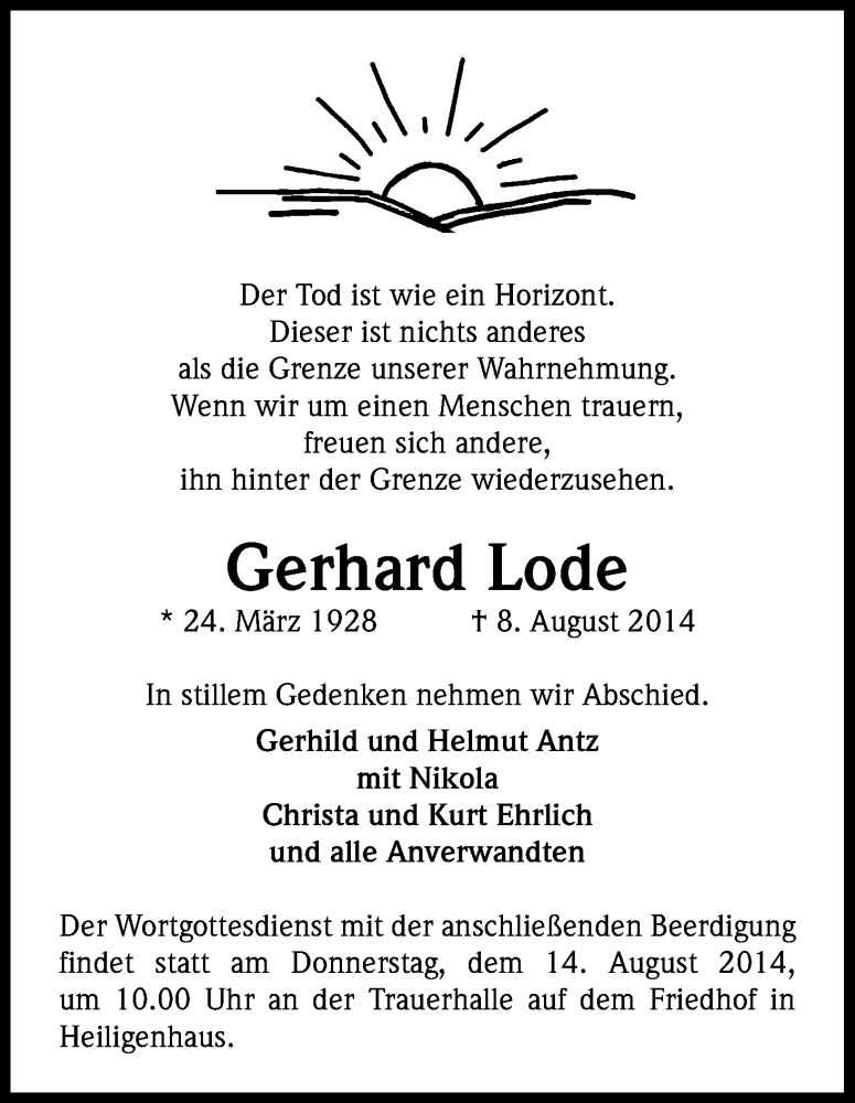  Traueranzeige für Gerhard Lode vom 11.08.2014 aus Kölner Stadt-Anzeiger / Kölnische Rundschau / Express