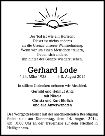 Anzeige von Gerhard Lode von Kölner Stadt-Anzeiger / Kölnische Rundschau / Express