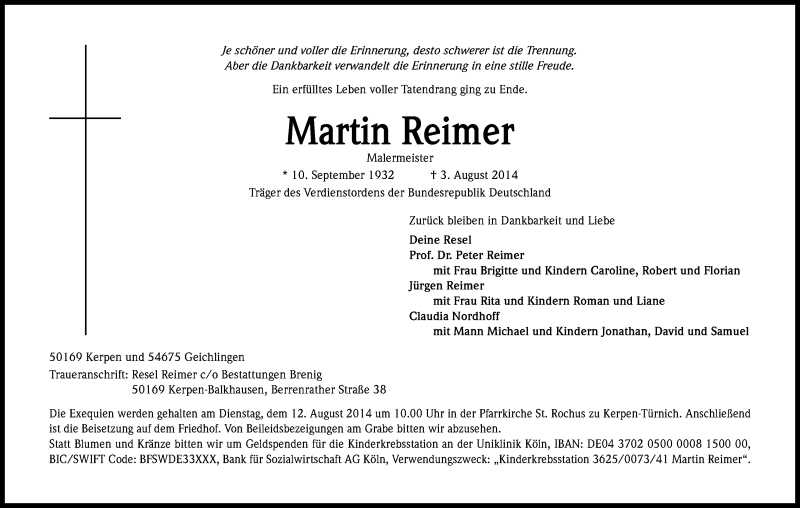 Traueranzeige für Martin Reimer vom 11.08.2014 aus Kölner Stadt-Anzeiger / Kölnische Rundschau / Express