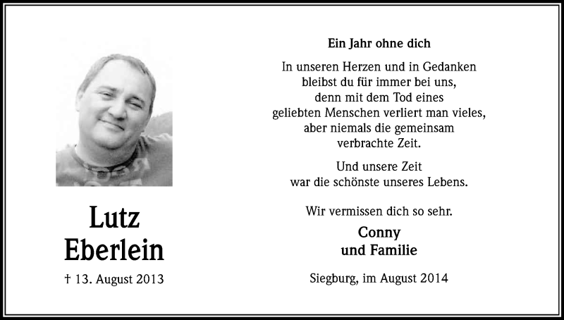 Traueranzeige für Lutz Eberlein vom 13.08.2014 aus Kölner Stadt-Anzeiger / Kölnische Rundschau / Express
