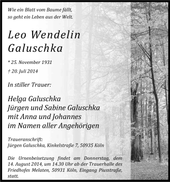 Anzeige von Leo Wendelin Galuschka von Kölner Stadt-Anzeiger / Kölnische Rundschau / Express