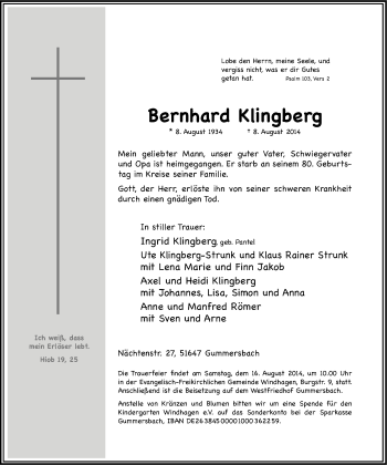 Anzeige von Bernhard Klingberg von Kölner Stadt-Anzeiger / Kölnische Rundschau / Express