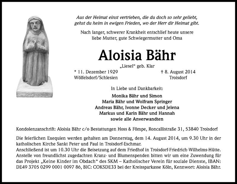  Traueranzeige für Aloisia Bähr vom 12.08.2014 aus Kölner Stadt-Anzeiger / Kölnische Rundschau / Express
