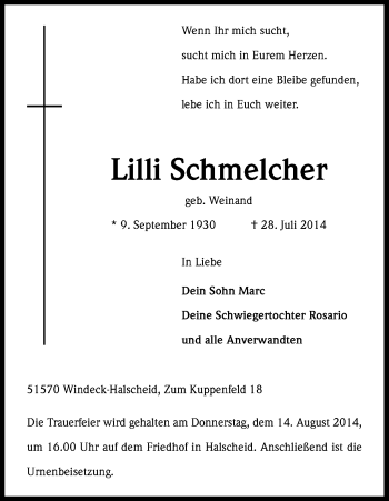 Anzeige von Lilli Schmelcher von Kölner Stadt-Anzeiger / Kölnische Rundschau / Express