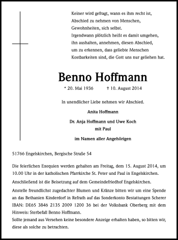 Anzeige von Benno Hoffmann von Kölner Stadt-Anzeiger / Kölnische Rundschau / Express