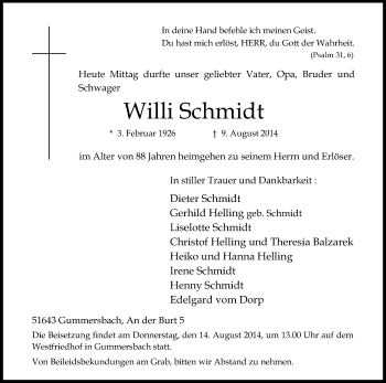 Anzeige von Willi Schmidt von Kölner Stadt-Anzeiger / Kölnische Rundschau / Express