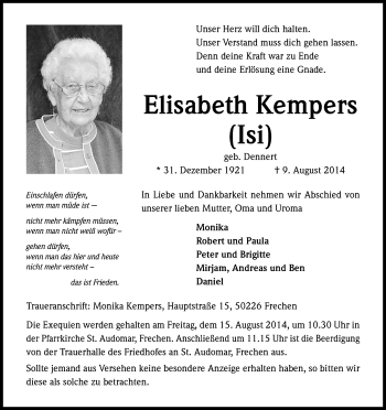 Anzeige von Elisabeth Kempers von Kölner Stadt-Anzeiger / Kölnische Rundschau / Express