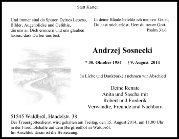 Anzeige von Andrzej Sosnecki von Kölner Stadt-Anzeiger / Kölnische Rundschau / Express