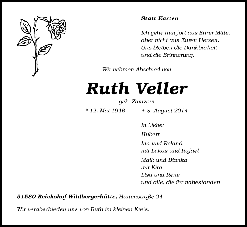  Traueranzeige für Ruth Veller vom 12.08.2014 aus Kölner Stadt-Anzeiger / Kölnische Rundschau / Express