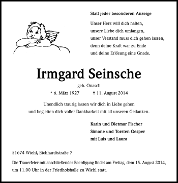 Anzeige von Irmgard Seinsche von Kölner Stadt-Anzeiger / Kölnische Rundschau / Express