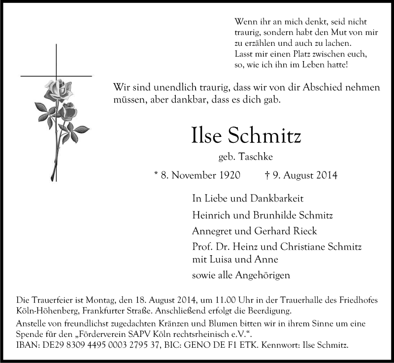  Traueranzeige für Ilse Schmitz vom 13.08.2014 aus Kölner Stadt-Anzeiger / Kölnische Rundschau / Express