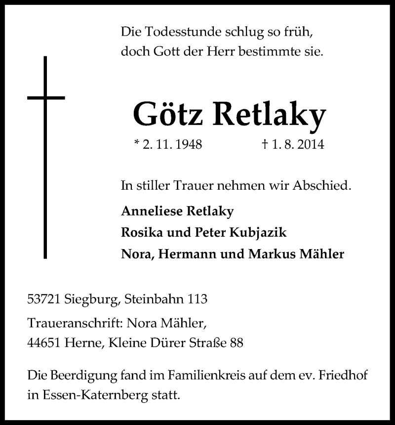  Traueranzeige für Götz Retlaky vom 13.08.2014 aus Kölner Stadt-Anzeiger / Kölnische Rundschau / Express