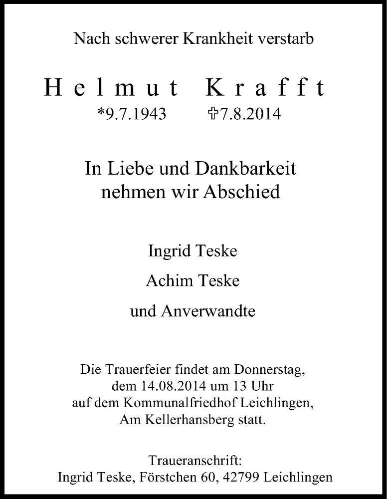  Traueranzeige für Helmut Krafft vom 12.08.2014 aus Kölner Stadt-Anzeiger / Kölnische Rundschau / Express