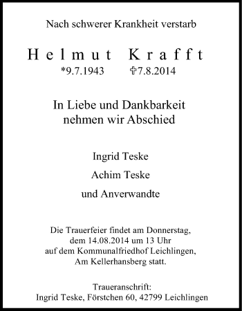 Anzeige von Helmut Krafft von Kölner Stadt-Anzeiger / Kölnische Rundschau / Express