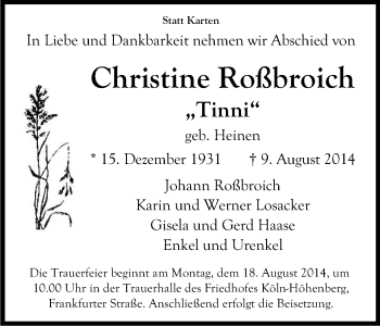 Anzeige von Christine Roßbroich von Kölner Stadt-Anzeiger / Kölnische Rundschau / Express
