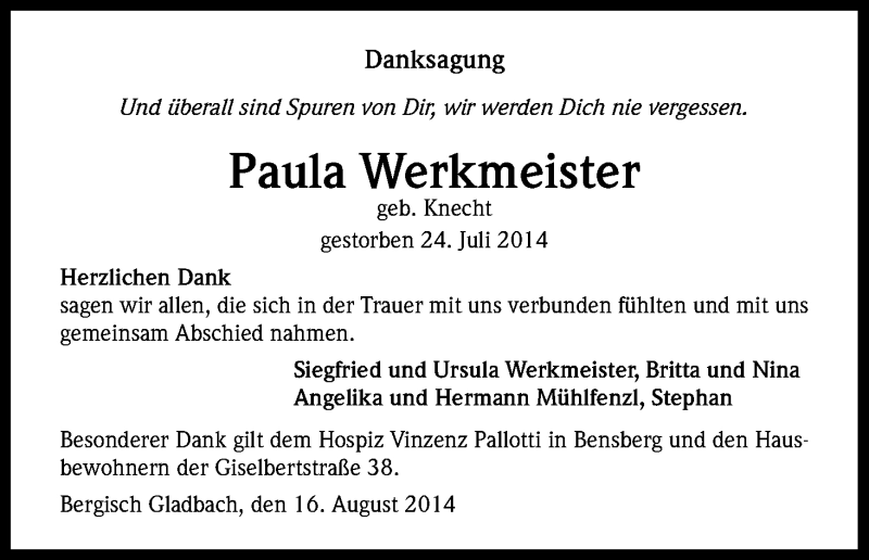  Traueranzeige für Paula Werkmeister vom 16.08.2014 aus Kölner Stadt-Anzeiger / Kölnische Rundschau / Express
