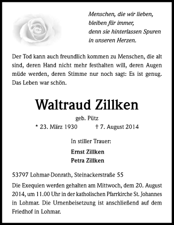 Anzeige von Waltraud Zillken von Kölner Stadt-Anzeiger / Kölnische Rundschau / Express