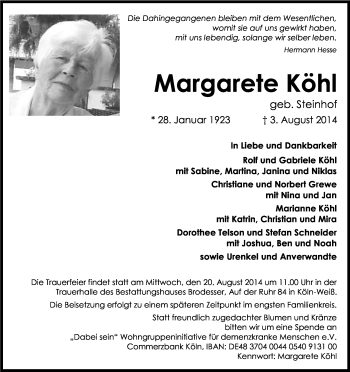 Anzeige von Margarete Köhl von Kölner Stadt-Anzeiger / Kölnische Rundschau / Express