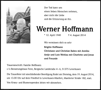 Anzeige von Werner Hoffmann von Kölner Stadt-Anzeiger / Kölnische Rundschau / Express