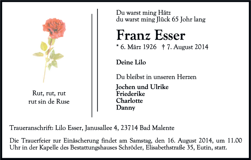  Traueranzeige für Franz Esser vom 12.08.2014 aus Kölner Stadt-Anzeiger / Kölnische Rundschau / Express