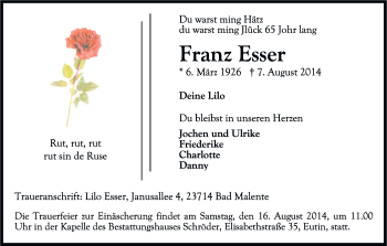 Anzeige von Franz Esser von Kölner Stadt-Anzeiger / Kölnische Rundschau / Express