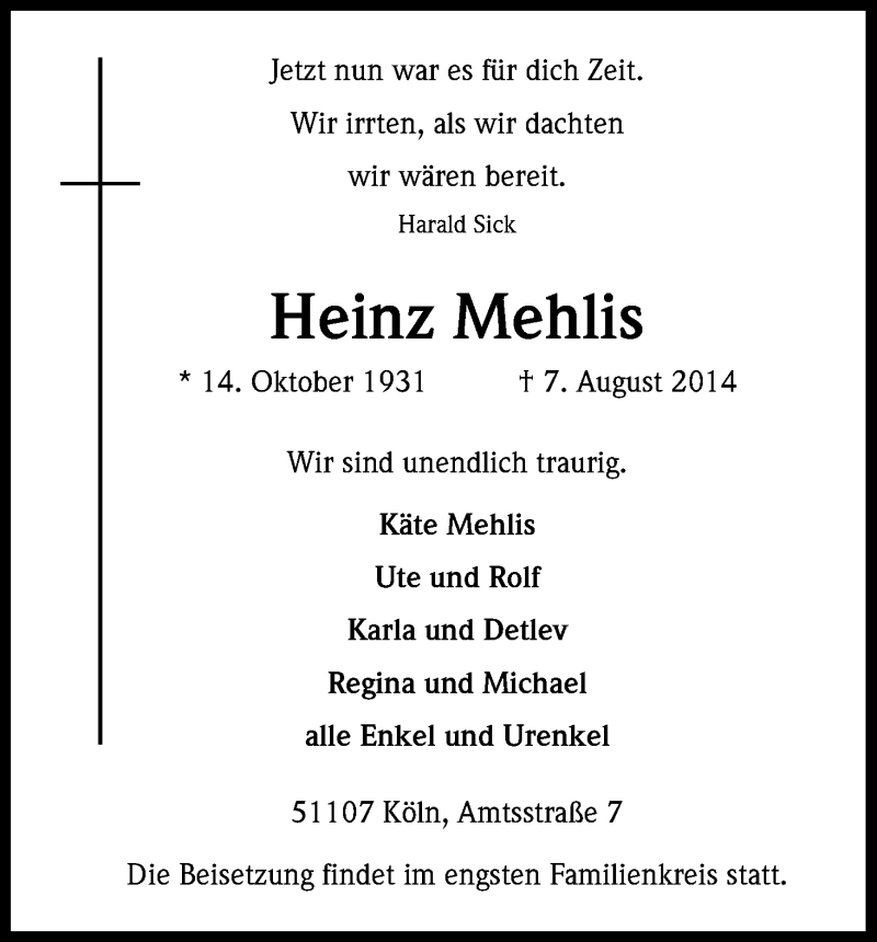  Traueranzeige für Heinz Mehlis vom 16.08.2014 aus Kölner Stadt-Anzeiger / Kölnische Rundschau / Express