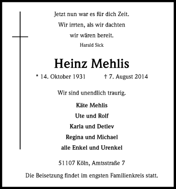 Anzeige von Heinz Mehlis von Kölner Stadt-Anzeiger / Kölnische Rundschau / Express