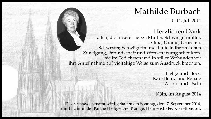  Traueranzeige für Mathilde Burbach vom 23.08.2014 aus Kölner Stadt-Anzeiger / Kölnische Rundschau / Express