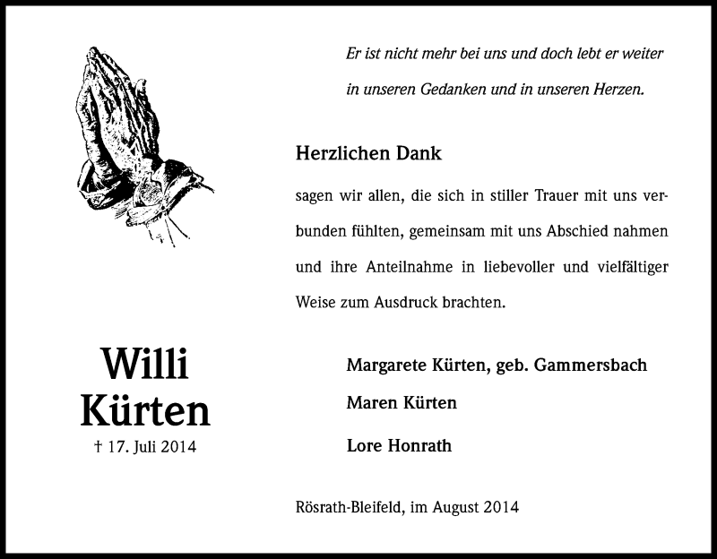  Traueranzeige für Willi Kürten vom 16.08.2014 aus Kölner Stadt-Anzeiger / Kölnische Rundschau / Express