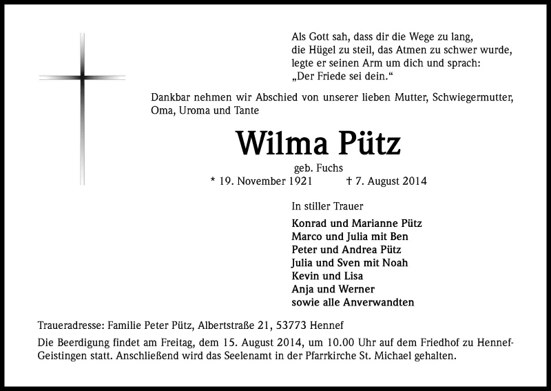  Traueranzeige für Wilma Pütz vom 13.08.2014 aus Kölner Stadt-Anzeiger / Kölnische Rundschau / Express