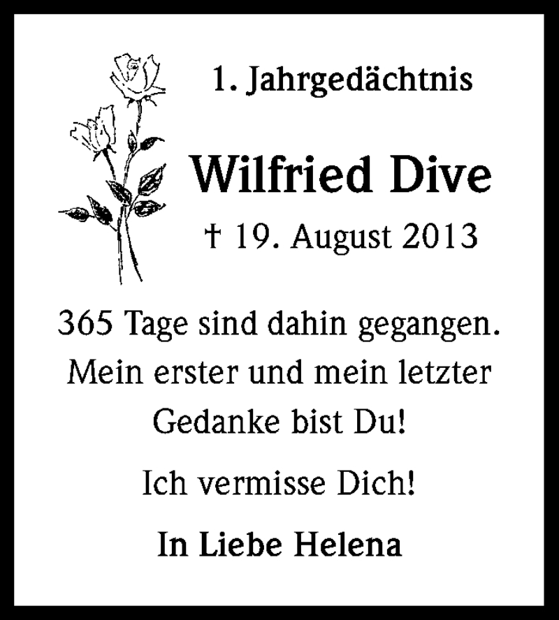 Traueranzeige für Wilfried Dive vom 19.08.2014 aus Kölner Stadt-Anzeiger / Kölnische Rundschau / Express