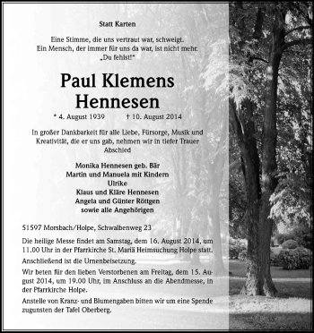 Anzeige von Paul Klemens Hennesen von Kölner Stadt-Anzeiger / Kölnische Rundschau / Express
