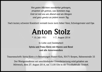 Anzeige von Anton Stolz von Kölner Stadt-Anzeiger / Kölnische Rundschau / Express