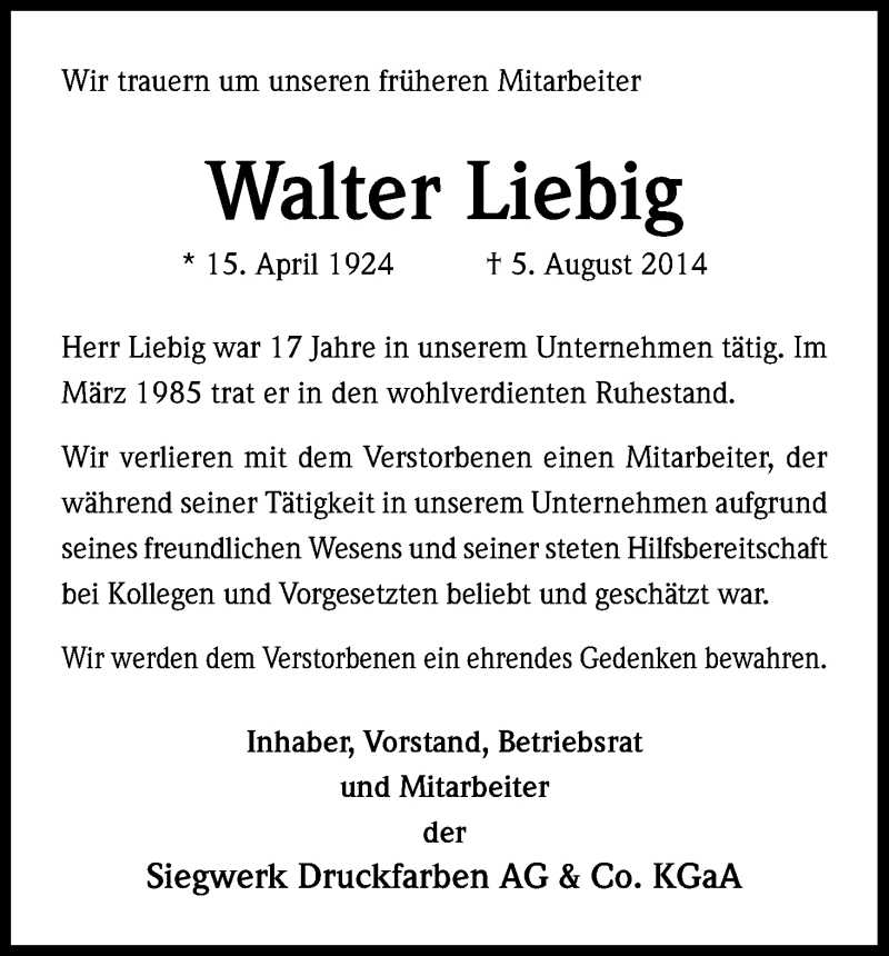  Traueranzeige für Walter Liebig vom 13.08.2014 aus Kölner Stadt-Anzeiger / Kölnische Rundschau / Express