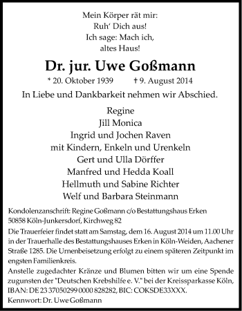Anzeige von Uwe Goßmann von Kölner Stadt-Anzeiger / Kölnische Rundschau / Express