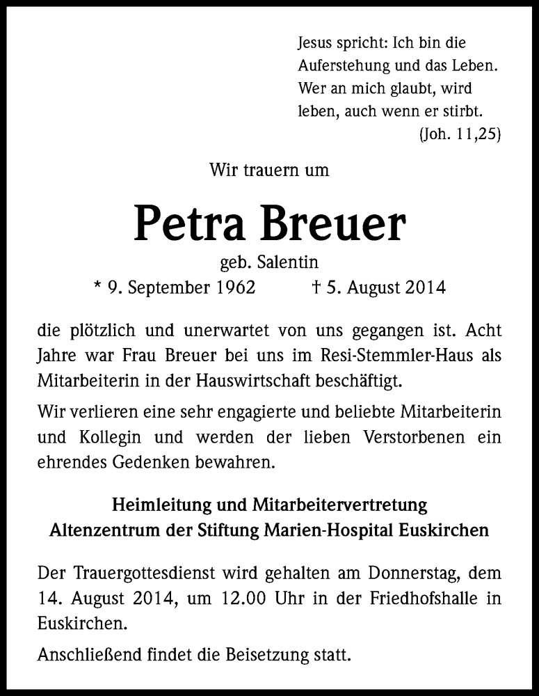  Traueranzeige für Petra Breuer vom 13.08.2014 aus Kölner Stadt-Anzeiger / Kölnische Rundschau / Express