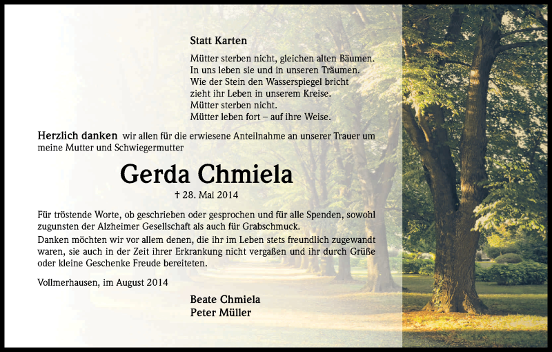  Traueranzeige für Gerda Chmiela vom 16.08.2014 aus Kölner Stadt-Anzeiger / Kölnische Rundschau / Express