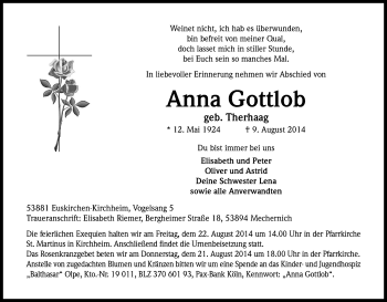 Anzeige von Anna Gottlob von Kölner Stadt-Anzeiger / Kölnische Rundschau / Express