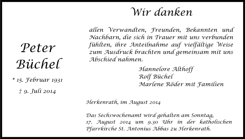  Traueranzeige für Peter Büchel vom 13.08.2014 aus Kölner Stadt-Anzeiger / Kölnische Rundschau / Express