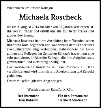 Anzeige von Michaela Roscheck von Kölner Stadt-Anzeiger / Kölnische Rundschau / Express