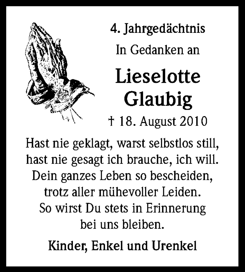  Traueranzeige für Lieselotte Glaubig vom 18.08.2014 aus Kölner Stadt-Anzeiger / Kölnische Rundschau / Express