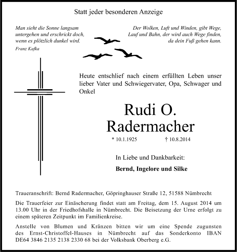  Traueranzeige für Rudi Radermacher vom 13.08.2014 aus Kölner Stadt-Anzeiger / Kölnische Rundschau / Express