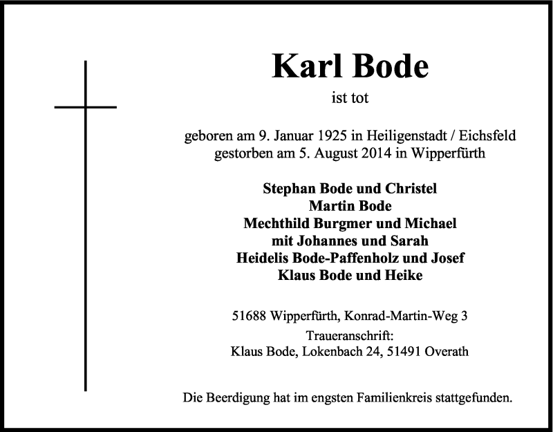  Traueranzeige für Karl Bode vom 16.08.2014 aus Kölner Stadt-Anzeiger / Kölnische Rundschau / Express